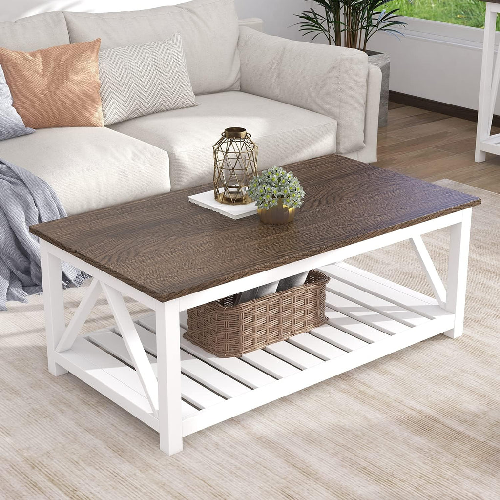 ChooChoo Farmhouse Coffee Table, Rustic Vintage Living Room Table with Shelf, 40 White - Grand Goldman