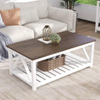 ChooChoo Farmhouse Coffee Table, Rustic Vintage Living Room Table with Shelf, 40 White - Grand Goldman