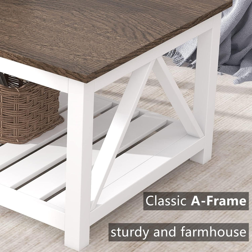 ChooChoo Farmhouse Coffee Table, Rustic Vintage Living Room Table with Shelf, 40 White - Grand Goldman