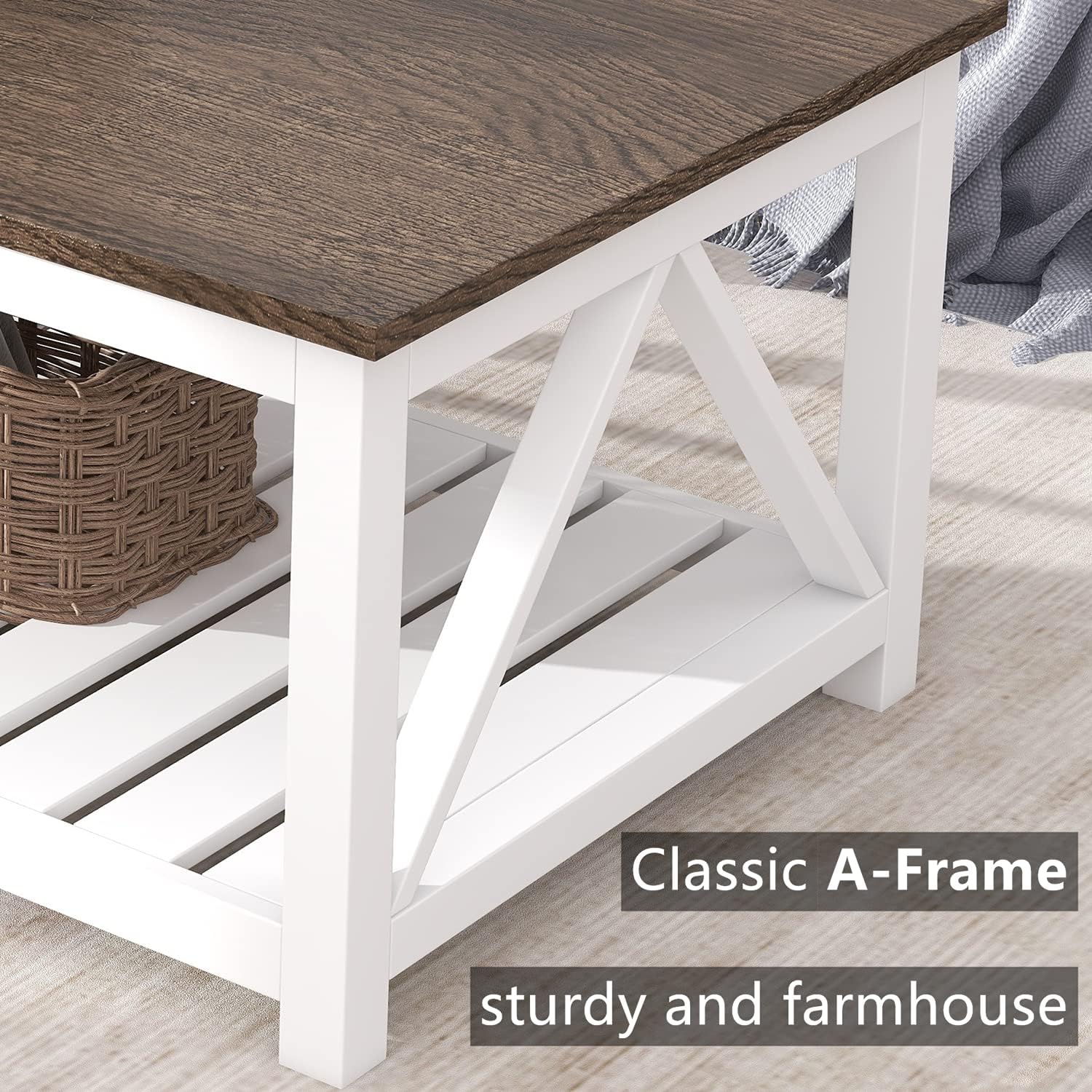 ChooChoo Farmhouse Coffee Table, Rustic Vintage Living Room Table with Shelf, 40 White - Grand Goldman