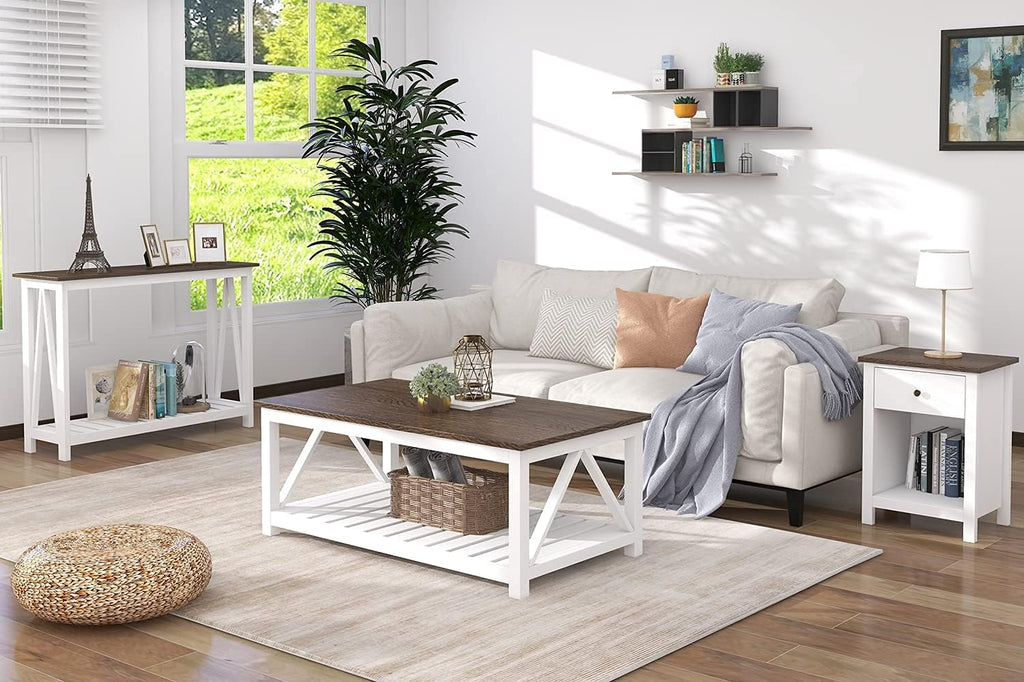 ChooChoo Farmhouse Coffee Table, Rustic Vintage Living Room Table with Shelf, 40 White - Grand Goldman