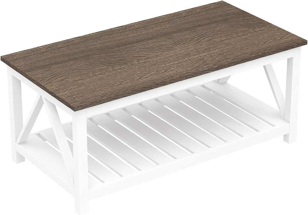 ChooChoo Farmhouse Coffee Table, Rustic Vintage Living Room Table with Shelf, 40 White - Grand Goldman