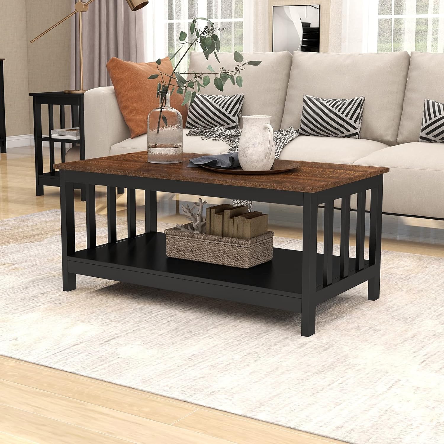 ChooChoo Mission Coffee Table, Black Wood Living Room Table with Shelf, 40 Black - Grand Goldman