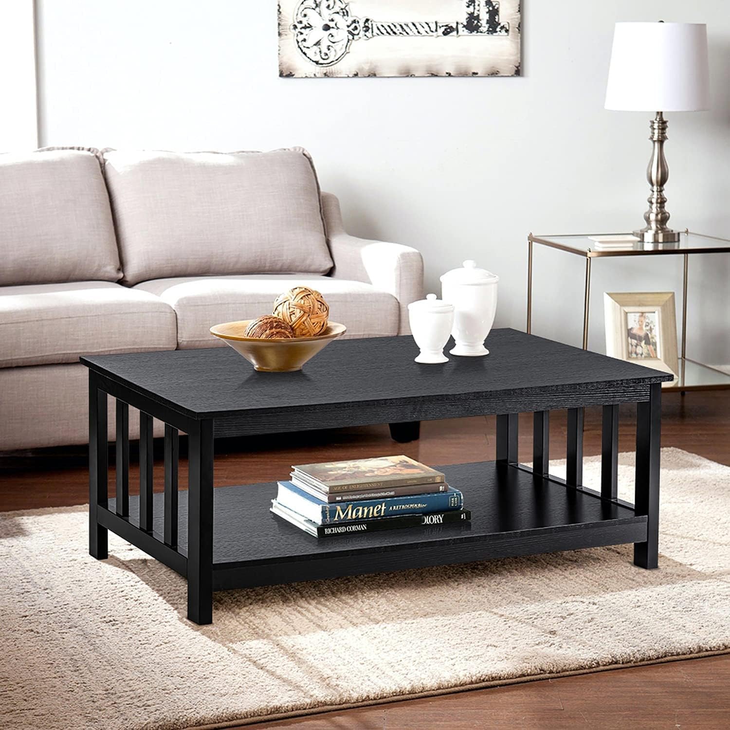ChooChoo Mission Coffee Table, Black Wood Living Room Table with Shelf, 40 Black - Grand Goldman