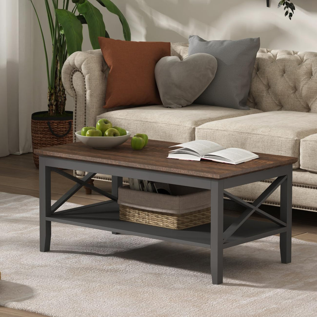 ChooChoo Oxford Coffee Table with Thicker Legs, Black Wood Coffee Table with Storage for Living Room - Grand Goldman
