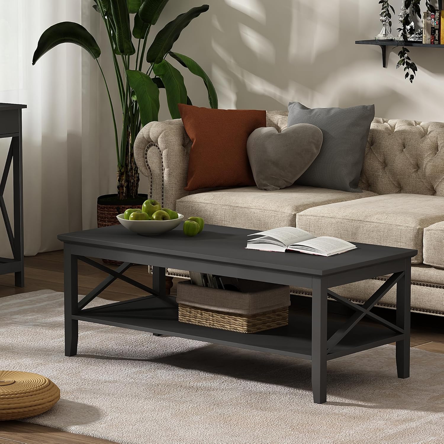 ChooChoo Oxford Coffee Table with Thicker Legs, Black Wood Coffee Table with Storage for Living Room - Grand Goldman