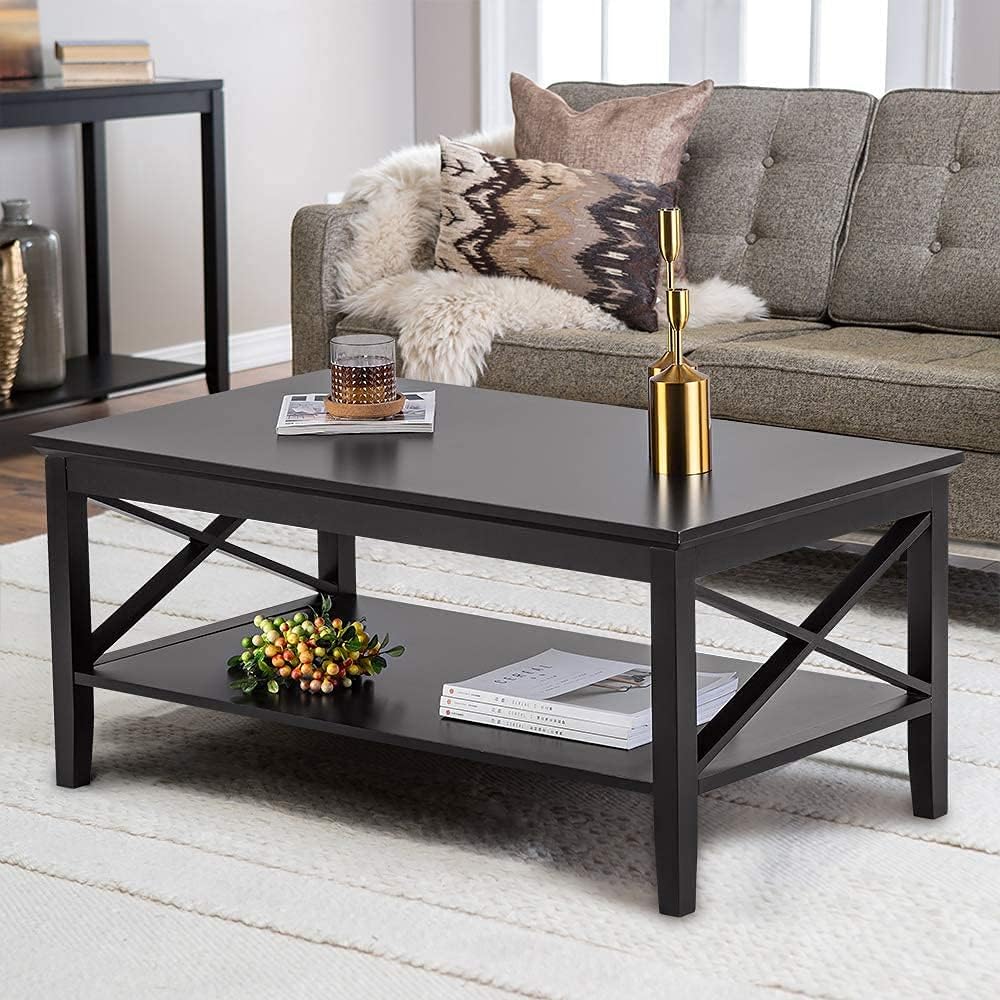 ChooChoo Oxford Coffee Table with Thicker Legs, Black Wood Coffee Table with Storage for Living Room - Grand Goldman