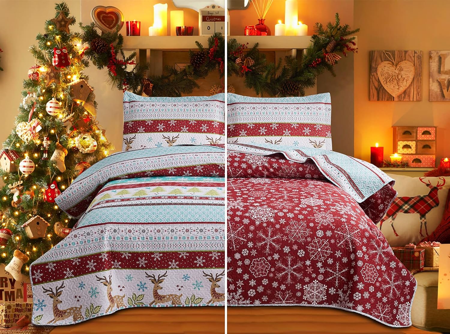 Christmas Bedding Set King Size Christmas Quilt Bedspread Xmas Bedding Reversible Christmas Quilt Coverlet Rustic Lodge Deer Snowflake Bedding Cabin Home Holiday Decor Xmas Christmas Quilt Bedding - Grand Goldman