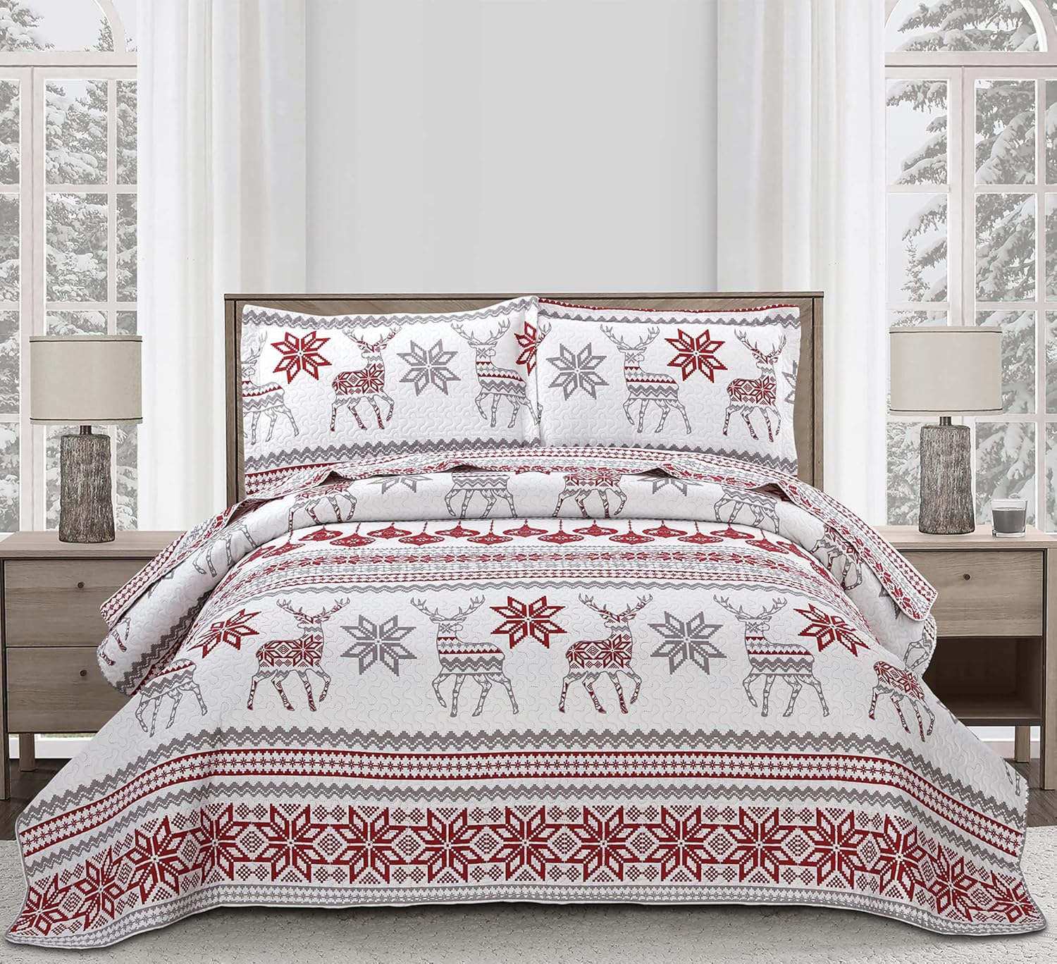 Christmas Bedding Set King Size Christmas Quilt Bedspread Xmas Bedding Reversible Christmas Quilt Coverlet Rustic Lodge Deer Snowflake Bedding Cabin Home Holiday Decor Xmas Christmas Quilt Bedding - Grand Goldman