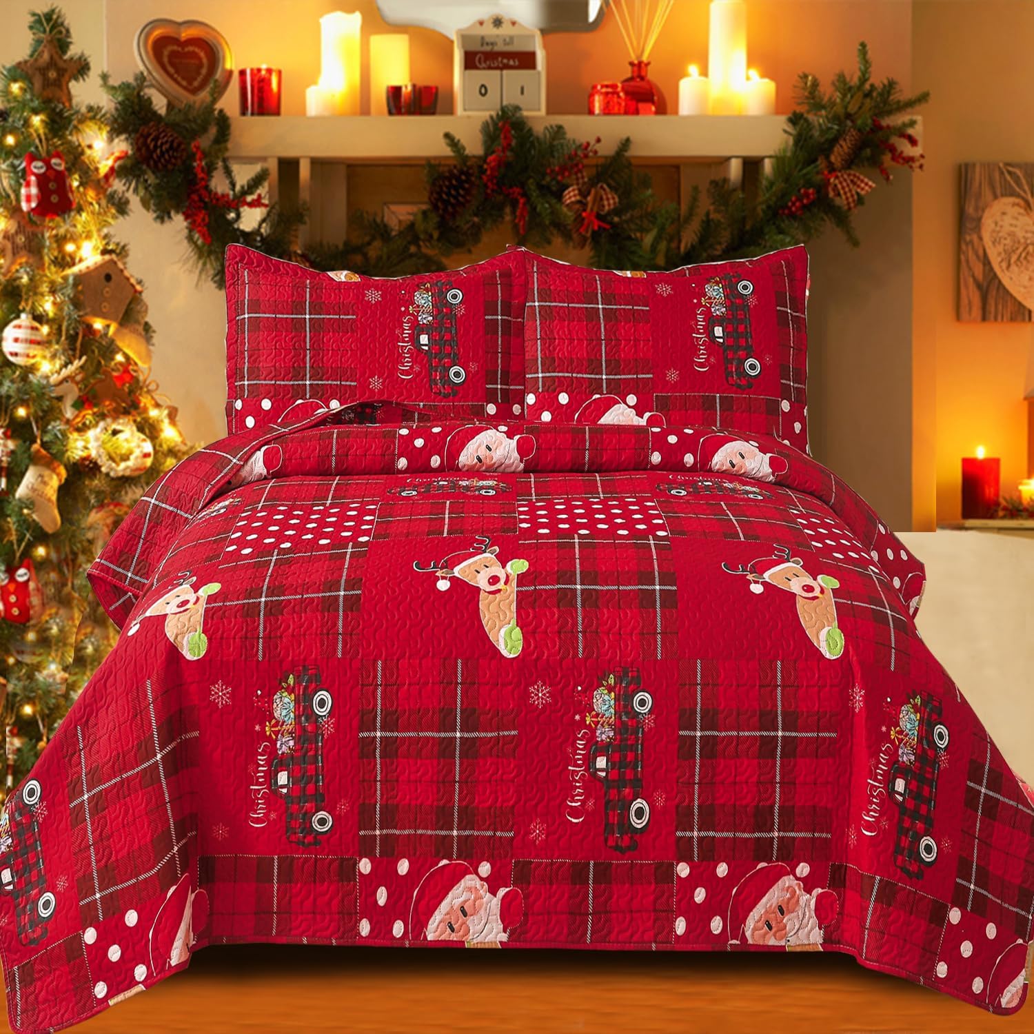 Christmas Bedding Set King Size Christmas Quilt Bedspread Xmas Bedding Reversible Christmas Quilt Coverlet Rustic Lodge Deer Snowflake Bedding Cabin Home Holiday Decor Xmas Christmas Quilt Bedding - Grand Goldman
