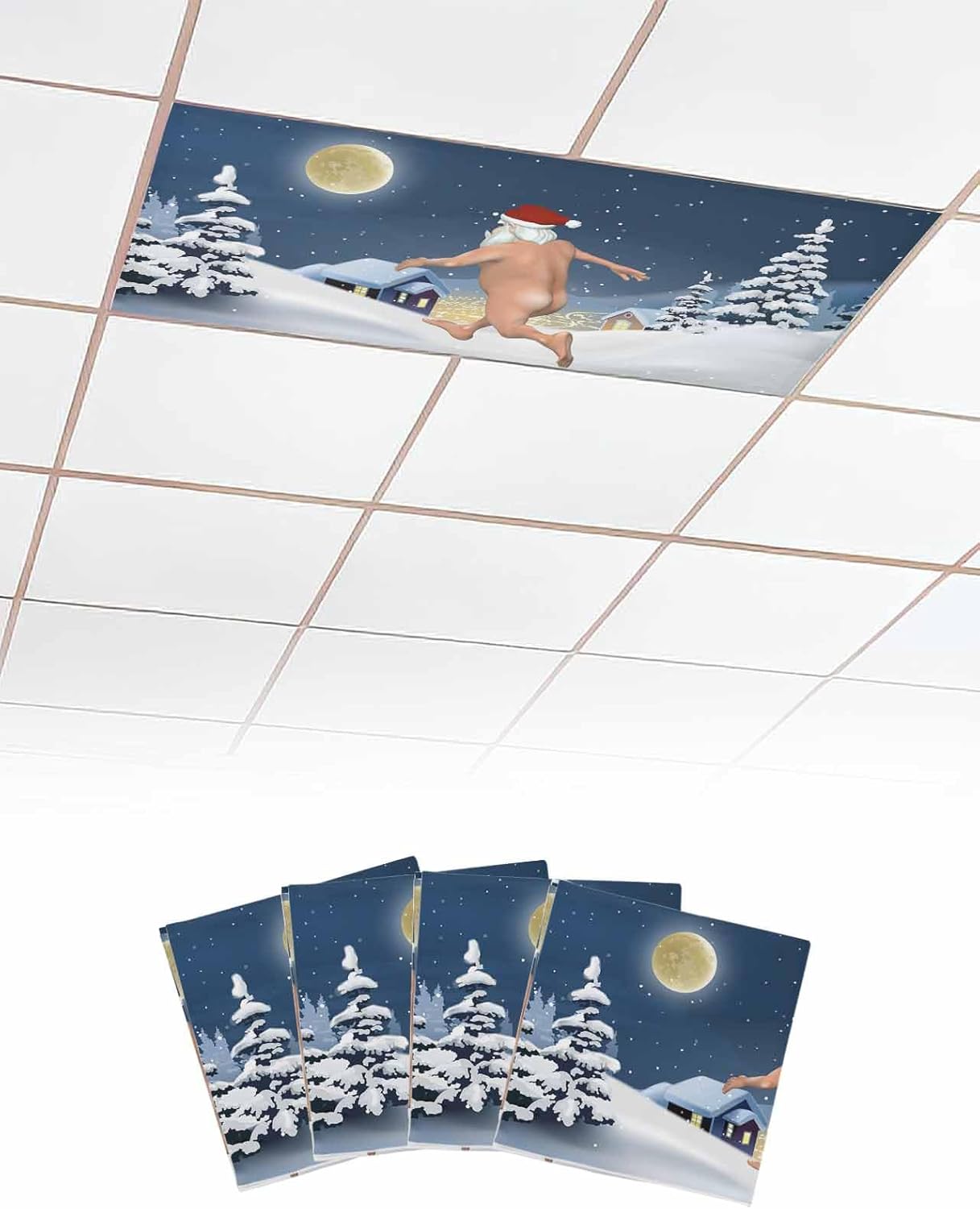 Christmas Fluorescent Light Covers for Ceiling Lights Naked Santa Claus Magnetic Light Filters 1 Pack 4x2 ft Pine Tree Snowy Winter Ceiling Light Cover for Classroom Office Holiday Drop Lamp Decor - Grand Goldman