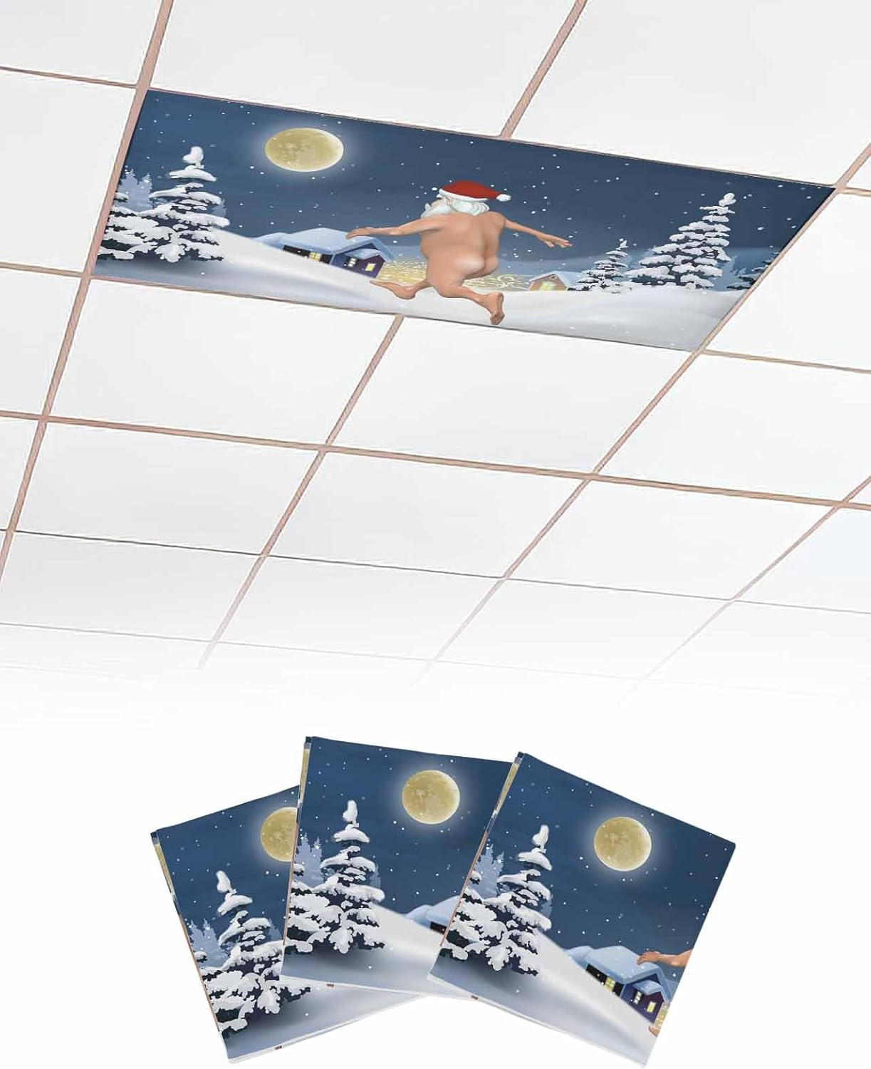 Christmas Fluorescent Light Covers for Ceiling Lights Naked Santa Claus Magnetic Light Filters 1 Pack 4x2 ft Pine Tree Snowy Winter Ceiling Light Cover for Classroom Office Holiday Drop Lamp Decor - Grand Goldman