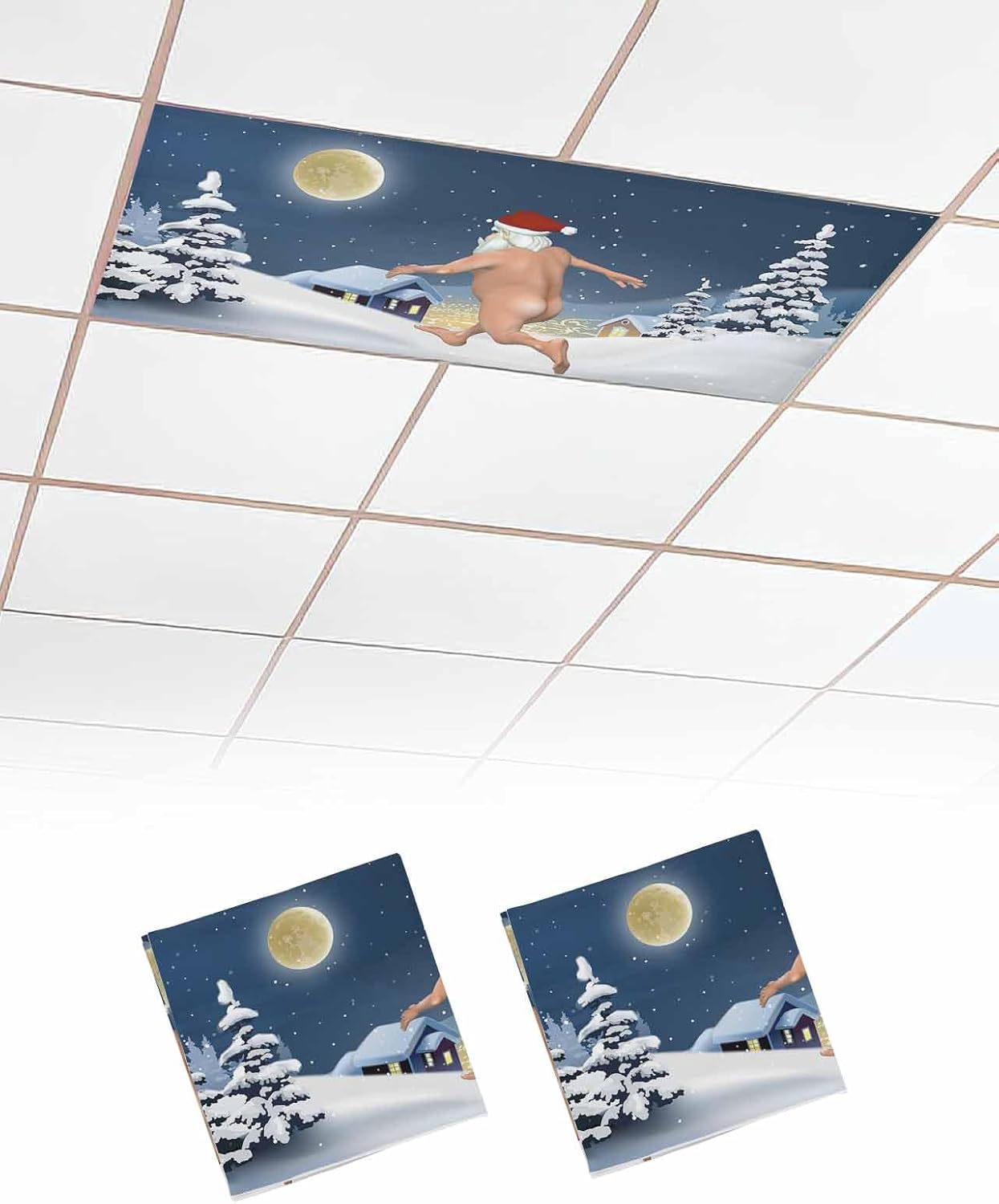 Christmas Fluorescent Light Covers for Ceiling Lights Naked Santa Claus Magnetic Light Filters 1 Pack 4x2 ft Pine Tree Snowy Winter Ceiling Light Cover for Classroom Office Holiday Drop Lamp Decor - Grand Goldman