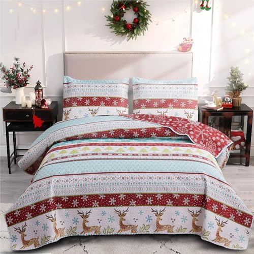 Christmas Quilt Set Queen Size (90 x 90 Inches) Reindeer Snowflakes Lantern Festival Bedding Sets,Christmas Tree Coverlet Bedspread,Xmas Bedroom Decoration,Chrimbo New Year Ornaments - Grand Goldman