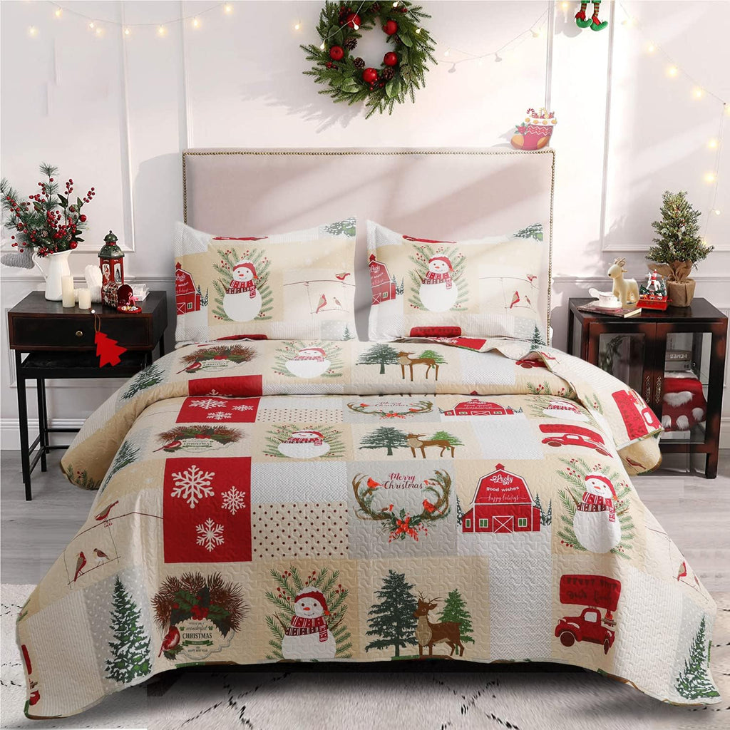 Christmas Quilt Set Queen Size (90 x 90 Inches) Reindeer Snowflakes Lantern Festival Bedding Sets,Christmas Tree Coverlet Bedspread,Xmas Bedroom Decoration,Chrimbo New Year Ornaments - Grand Goldman