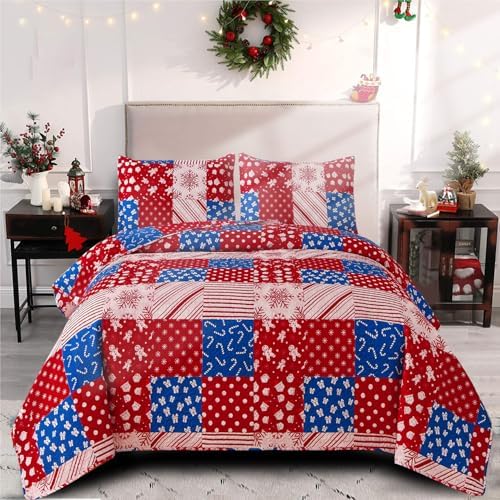 Christmas Quilt Set Queen Size (90 x 90 Inches) Reindeer Snowflakes Lantern Festival Bedding Sets,Christmas Tree Coverlet Bedspread,Xmas Bedroom Decoration,Chrimbo New Year Ornaments - Grand Goldman