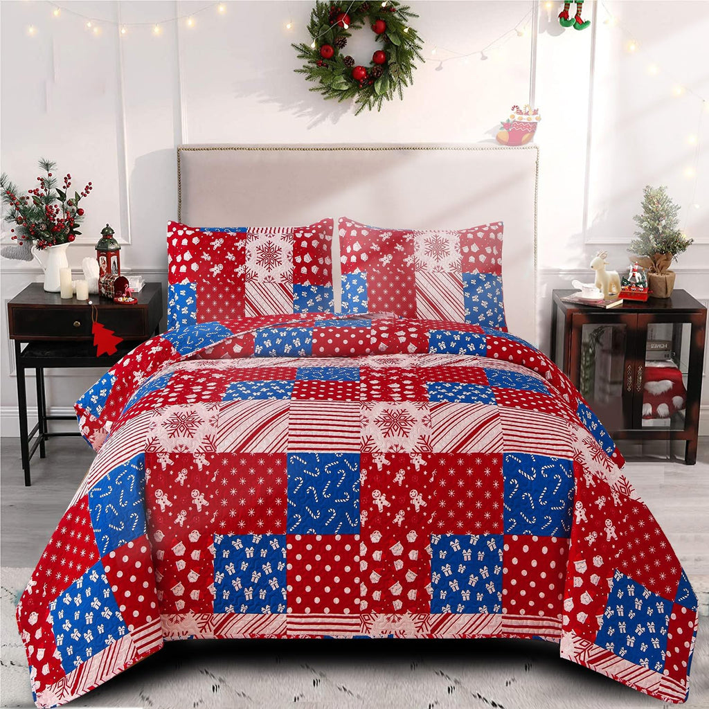 Christmas Quilt Set Queen Size (90 x 90 Inches) Reindeer Snowflakes Lantern Festival Bedding Sets,Christmas Tree Coverlet Bedspread,Xmas Bedroom Decoration,Chrimbo New Year Ornaments - Grand Goldman