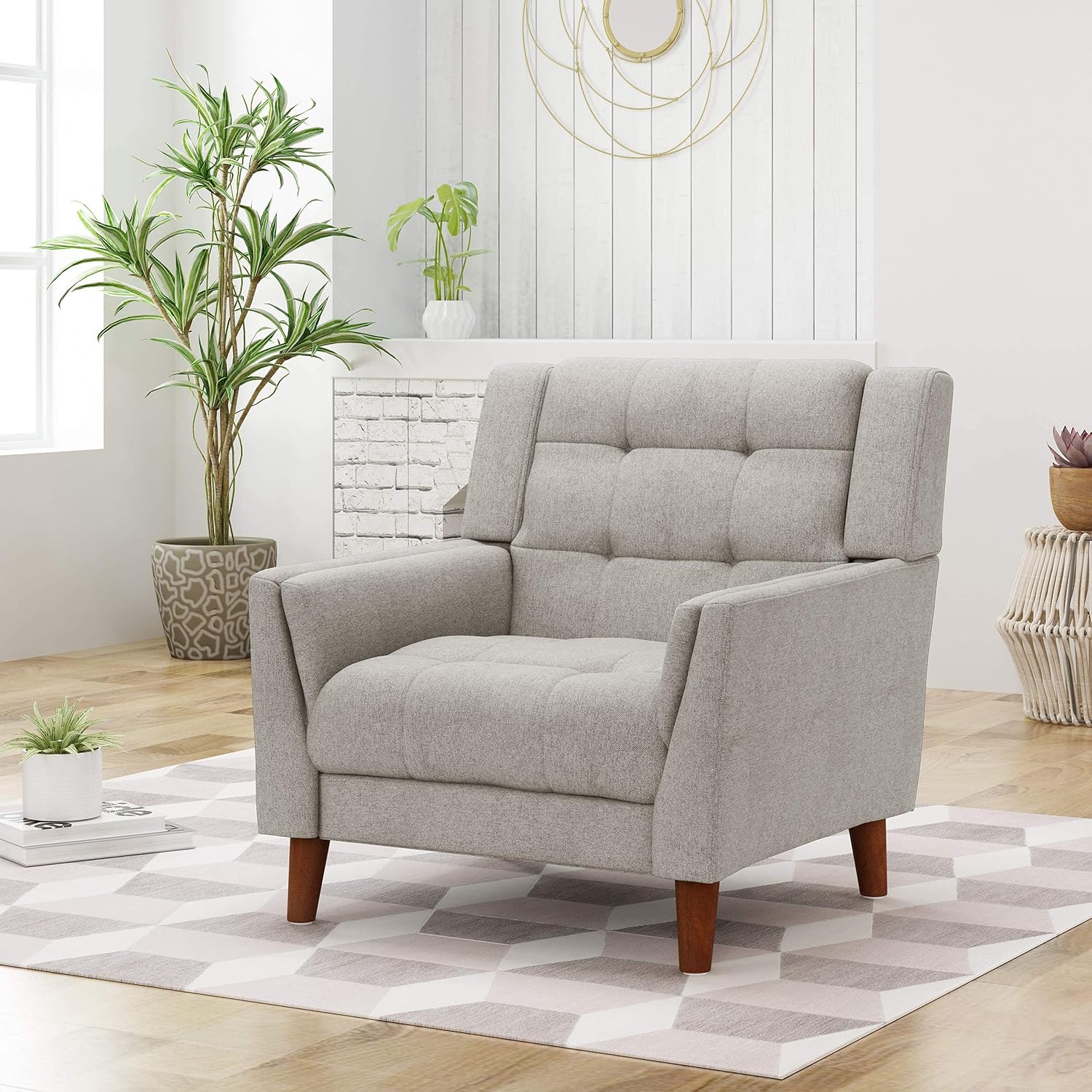 Christopher Knight Home Evelyn Mid Century Modern Fabric Arm Chair, Beige & Walnut - Grand Goldman