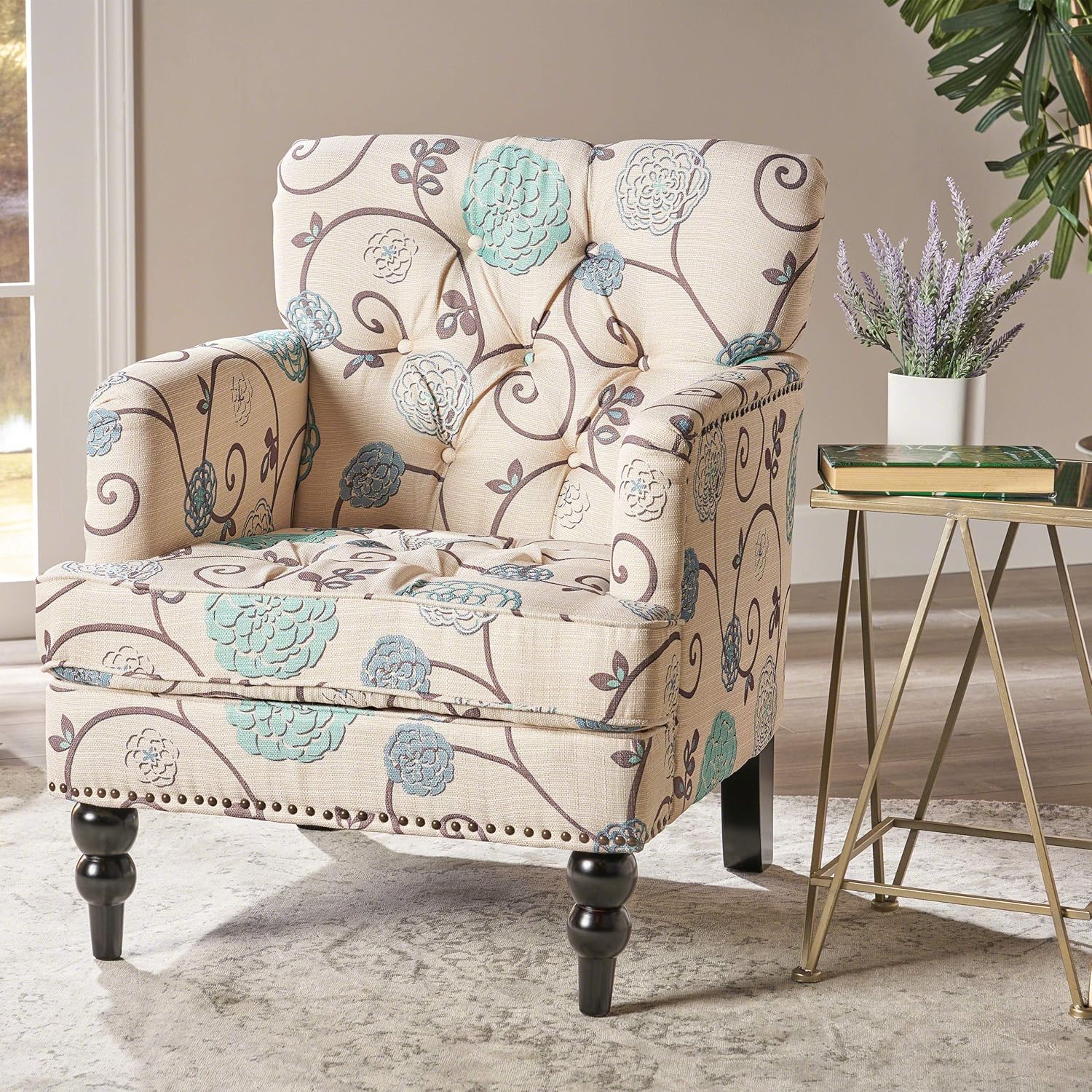 Christopher Knight Home Harrison Fabric Tufted Club Chair, White / Blue (29.5"D x 28"W x 33.5"H) - Grand Goldman