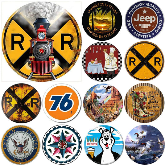 Circular Metal Sign Train Signage Railroad Crossing Symbol Sign Vintage Round Metal Tin Signs Nostalgic Funny Iron Painting - Grand Goldman