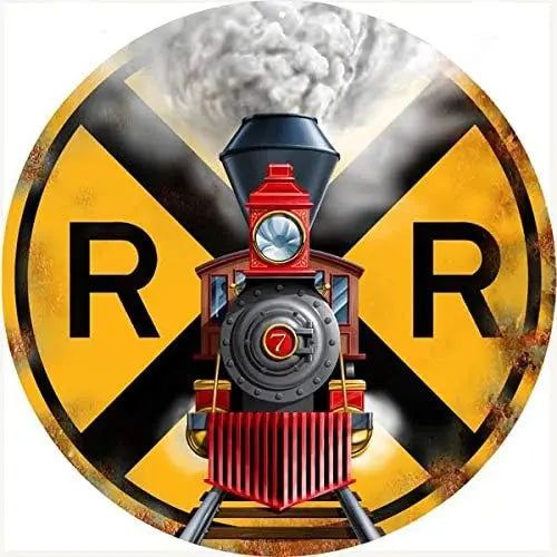 Circular Metal Sign Train Signage Railroad Crossing Symbol Sign Vintage Round Metal Tin Signs Nostalgic Funny Iron Painting - Grand Goldman