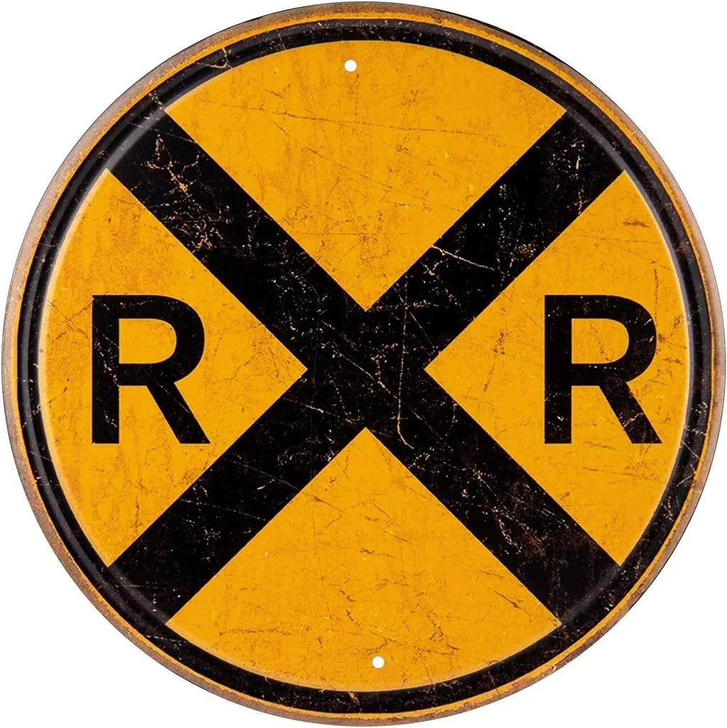 Circular Metal Sign Train Signage Railroad Crossing Symbol Sign Vintage Round Metal Tin Signs Nostalgic Funny Iron Painting - Grand Goldman