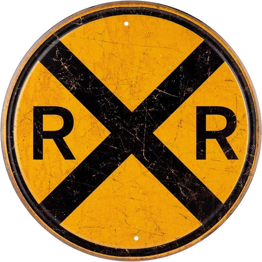 Circular Metal Sign Train Signage Railroad Crossing Symbol Sign Vintage Round Metal Tin Signs Nostalgic Funny Iron Painting - Grand Goldman