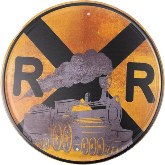Circular Metal Sign Train Signage Railroad Crossing Symbol Sign Vintage Round Metal Tin Signs Nostalgic Funny Iron Painting - Grand Goldman