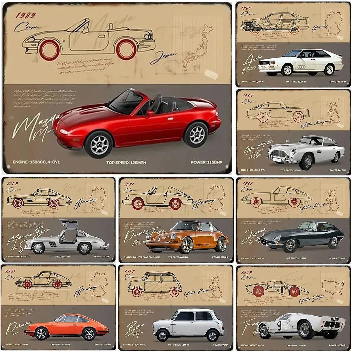 Classic Car Metal Tin Signs Vintage Auto Retro Tin Plaque Man Cave Game Room Decor Home Bar Club Cafe Garage Wall Art Decoration - Grand Goldman