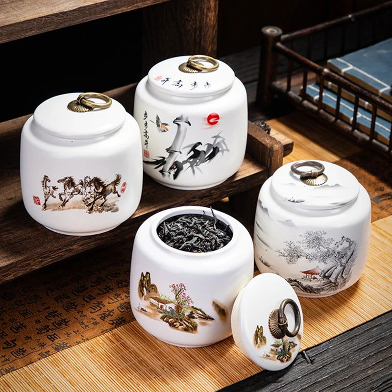 Classical Landscape Flower and Bird Storage Jar Ceramic Tea Caddy with Lid Household White Sealed Nut Storage Jar Food Container - Grand Goldman