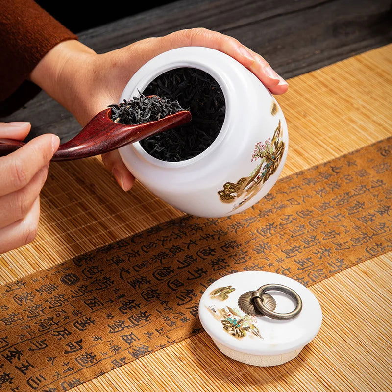 Classical Landscape Flower and Bird Storage Jar Ceramic Tea Caddy with Lid Household White Sealed Nut Storage Jar Food Container - Grand Goldman