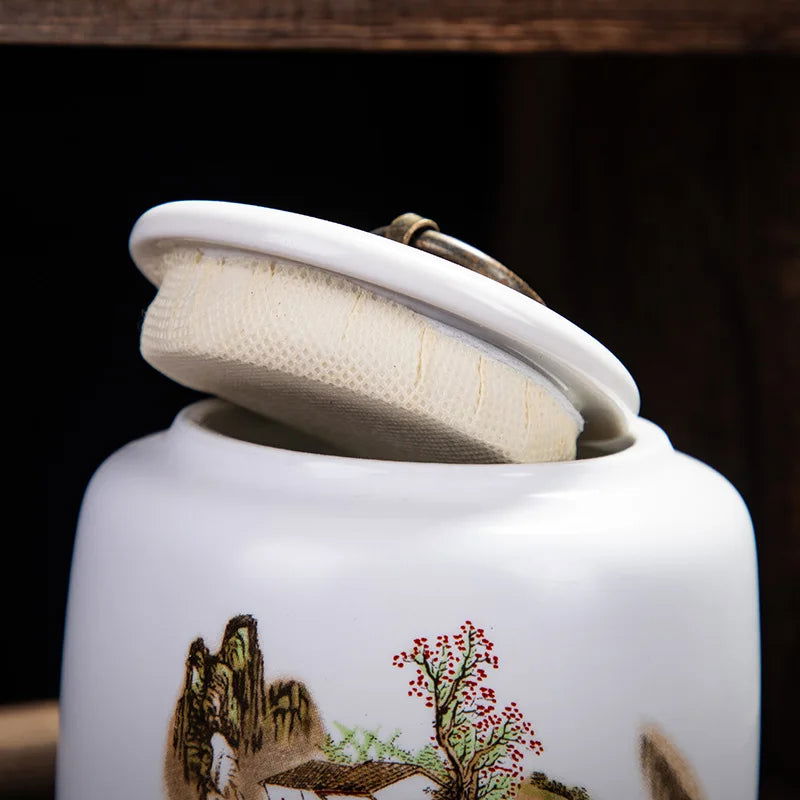 Classical Landscape Flower and Bird Storage Jar Ceramic Tea Caddy with Lid Household White Sealed Nut Storage Jar Food Container - Grand Goldman