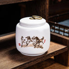 Classical Landscape Flower and Bird Storage Jar Ceramic Tea Caddy with Lid Household White Sealed Nut Storage Jar Food Container - Grand Goldman