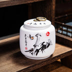 Classical Landscape Flower and Bird Storage Jar Ceramic Tea Caddy with Lid Household White Sealed Nut Storage Jar Food Container - Grand Goldman