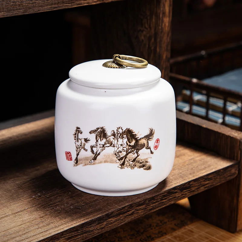 Classical Landscape Flower and Bird Storage Jar Ceramic Tea Caddy with Lid Household White Sealed Nut Storage Jar Food Container - Grand Goldman