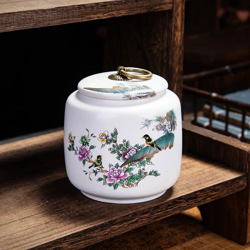 Classical Landscape Flower and Bird Storage Jar Ceramic Tea Caddy with Lid Household White Sealed Nut Storage Jar Food Container - Grand Goldman