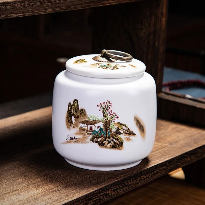 Classical Landscape Flower and Bird Storage Jar Ceramic Tea Caddy with Lid Household White Sealed Nut Storage Jar Food Container - Grand Goldman