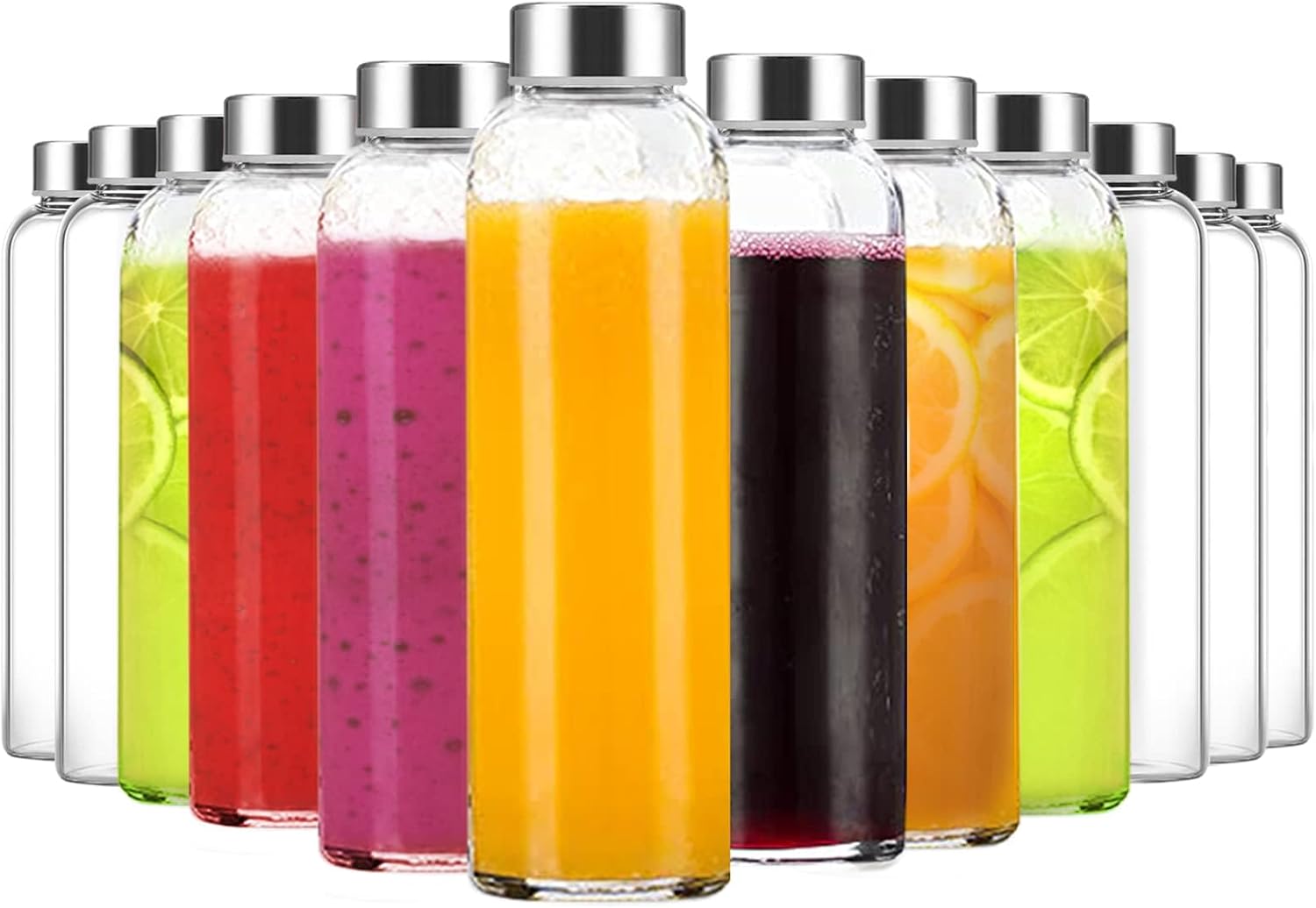 Clear Glass Bottles with Lids 18 oz, Reusable Glass Water Bottles with Stainless Steel Cap for Juicing,Refrigerator,100% Leak Proof, BPA Free Eco Friendly,Set of 6 - Grand Goldman