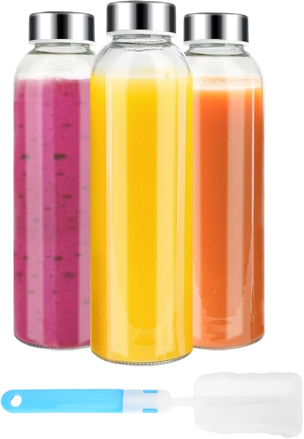 Clear Glass Bottles with Lids 18 oz, Reusable Glass Water Bottles with Stainless Steel Cap for Juicing,Refrigerator,100% Leak Proof, BPA Free Eco Friendly,Set of 6 - Grand Goldman