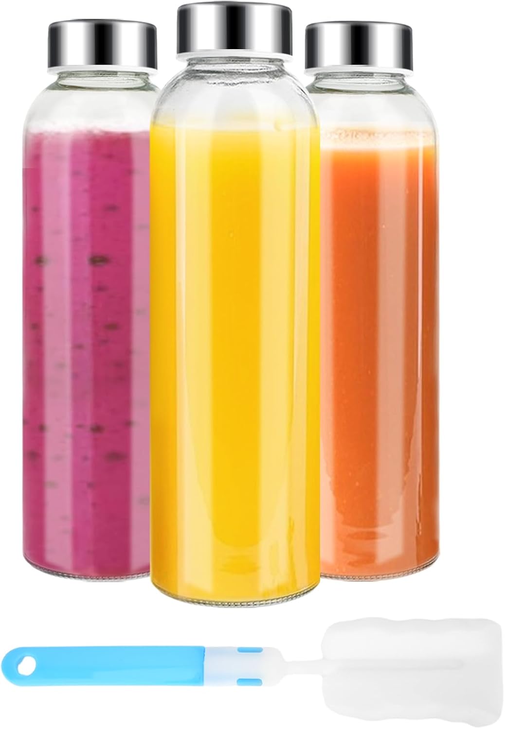 Clear Glass Bottles with Lids 18 oz, Reusable Glass Water Bottles with Stainless Steel Cap for Juicing,Refrigerator,100% Leak Proof, BPA Free Eco Friendly,Set of 6 - Grand Goldman