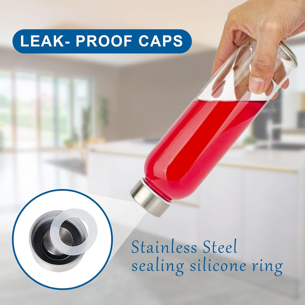 Clear Glass Bottles with Lids 18 oz, Reusable Glass Water Bottles with Stainless Steel Cap for Juicing,Refrigerator,100% Leak Proof, BPA Free Eco Friendly,Set of 6 - Grand Goldman