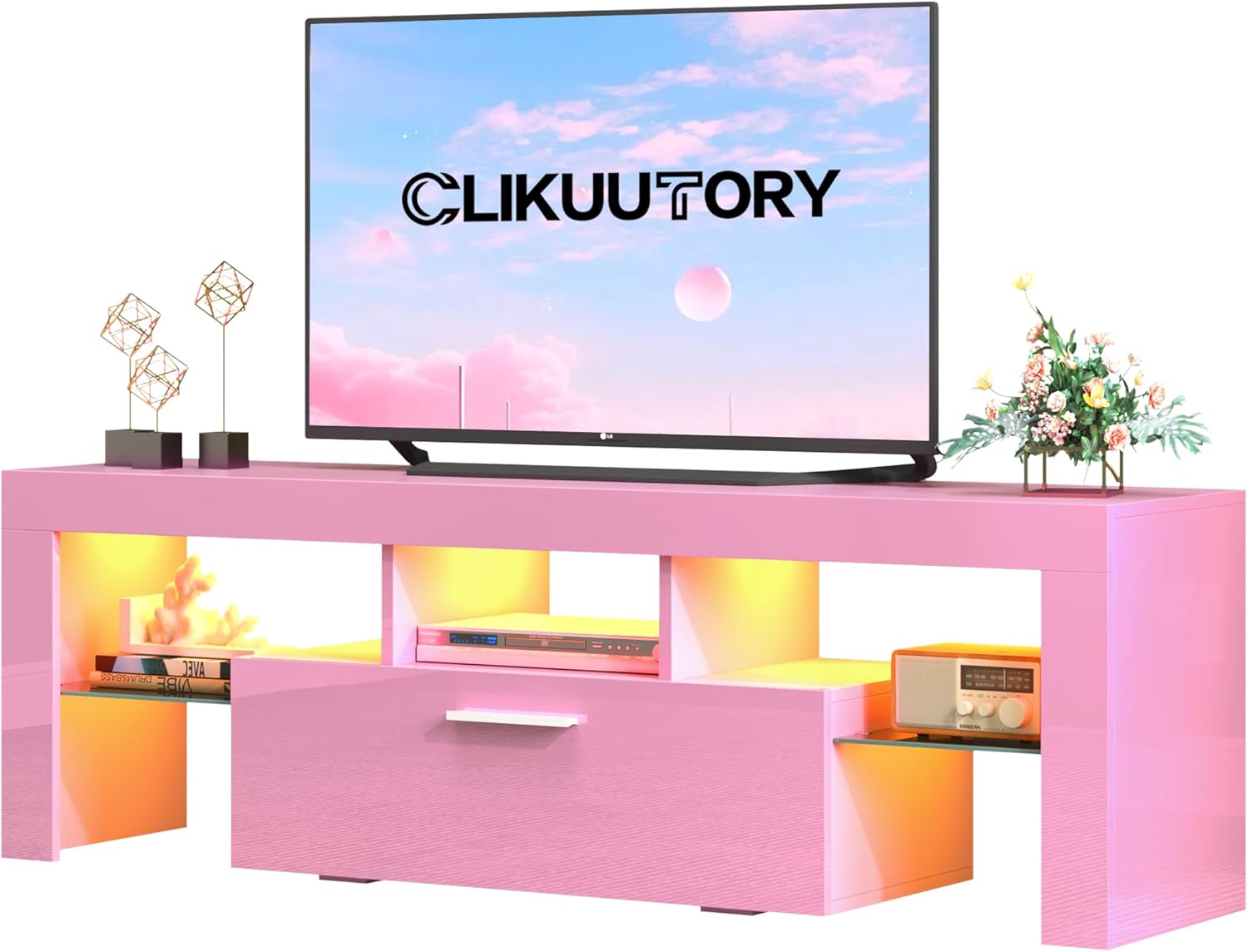 Clikuutory Modern LED 63 inch Long TV Stand with Large Storage Drawer for 50 55 60 65 70 75 Inch TVs, Black Wood TV Console with High Glossy Entertainment Center for Living Room, Bedroom, Black - Grand Goldman