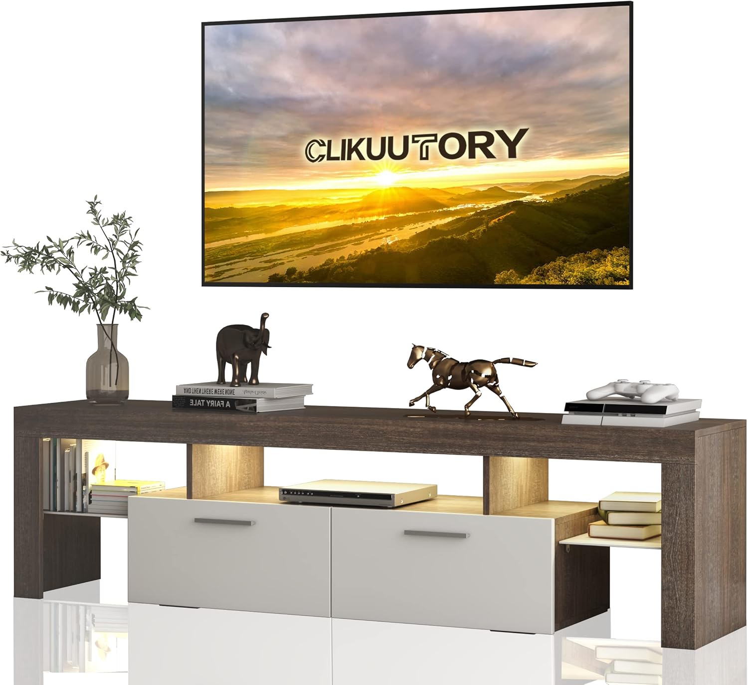 Clikuutory Modern LED 63 inch Long TV Stand with Large Storage Drawer for 50 55 60 65 70 75 Inch TVs, Black Wood TV Console with High Glossy Entertainment Center for Living Room, Bedroom, Black - Grand Goldman