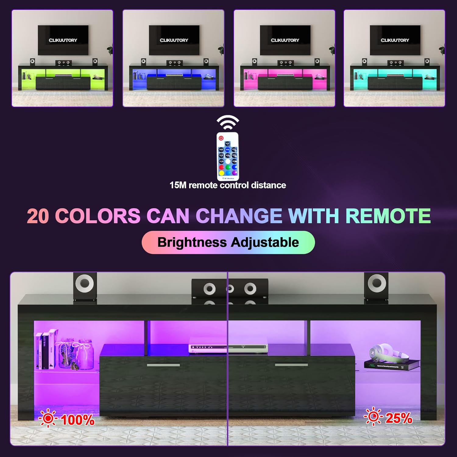 Clikuutory Modern LED 63 inch Long TV Stand with Large Storage Drawer for 50 55 60 65 70 75 Inch TVs, Black Wood TV Console with High Glossy Entertainment Center for Living Room, Bedroom, Black - Grand Goldman