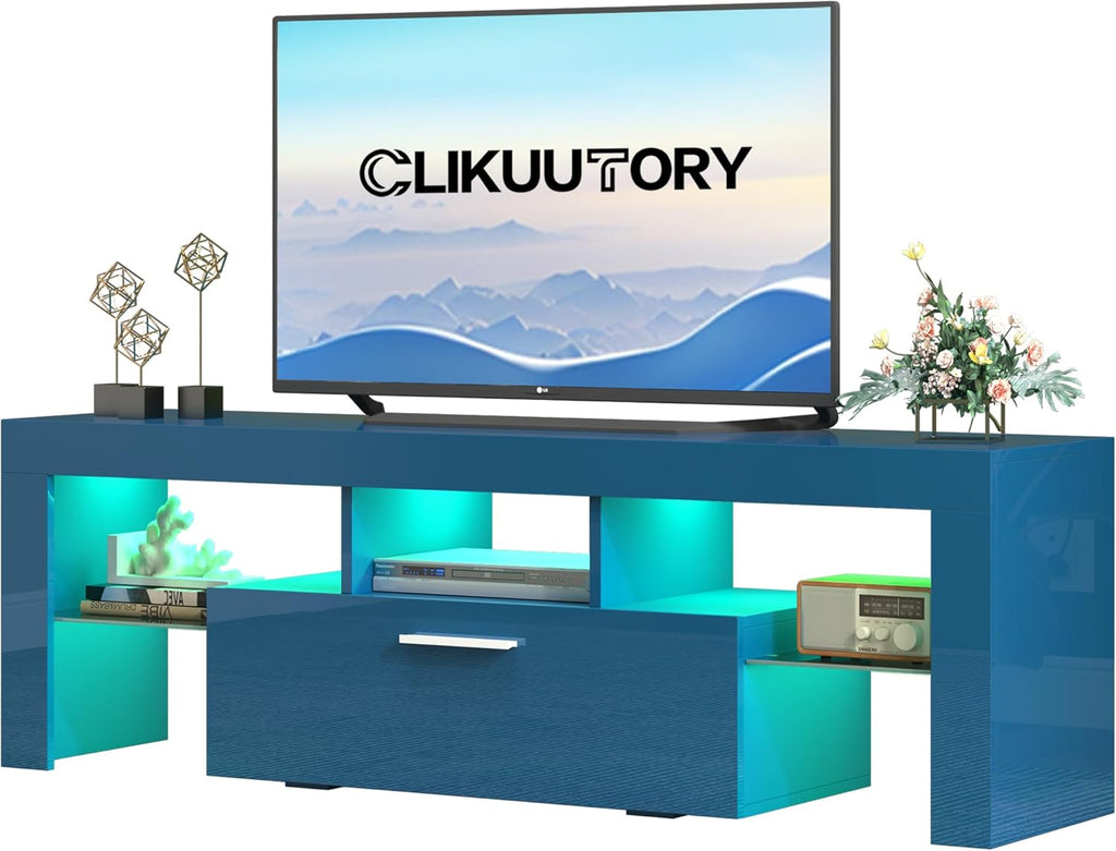 Clikuutory Modern LED 63 inch Long TV Stand with Large Storage Drawer for 50 55 60 65 70 75 Inch TVs, Black Wood TV Console with High Glossy Entertainment Center for Living Room, Bedroom, Black - Grand Goldman