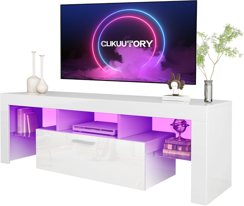 Clikuutory Modern LED 63 inch Long TV Stand with Large Storage Drawer for 50 55 60 65 70 75 Inch TVs, Black Wood TV Console with High Glossy Entertainment Center for Living Room, Bedroom, Black - Grand Goldman