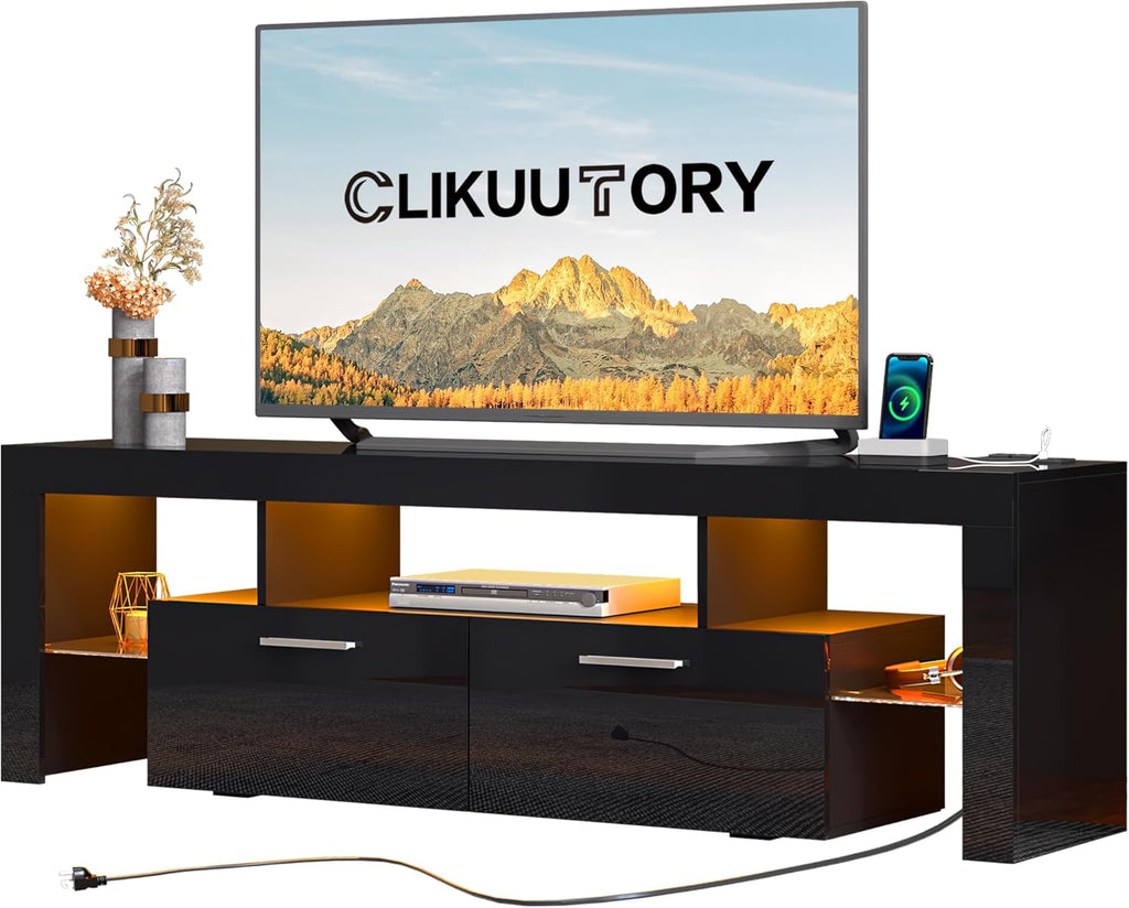 Clikuutory Modern LED 63 inch Long TV Stand with Large Storage Drawer for 50 55 60 65 70 75 Inch TVs, Black Wood TV Console with High Glossy Entertainment Center for Living Room, Bedroom, Black - Grand Goldman