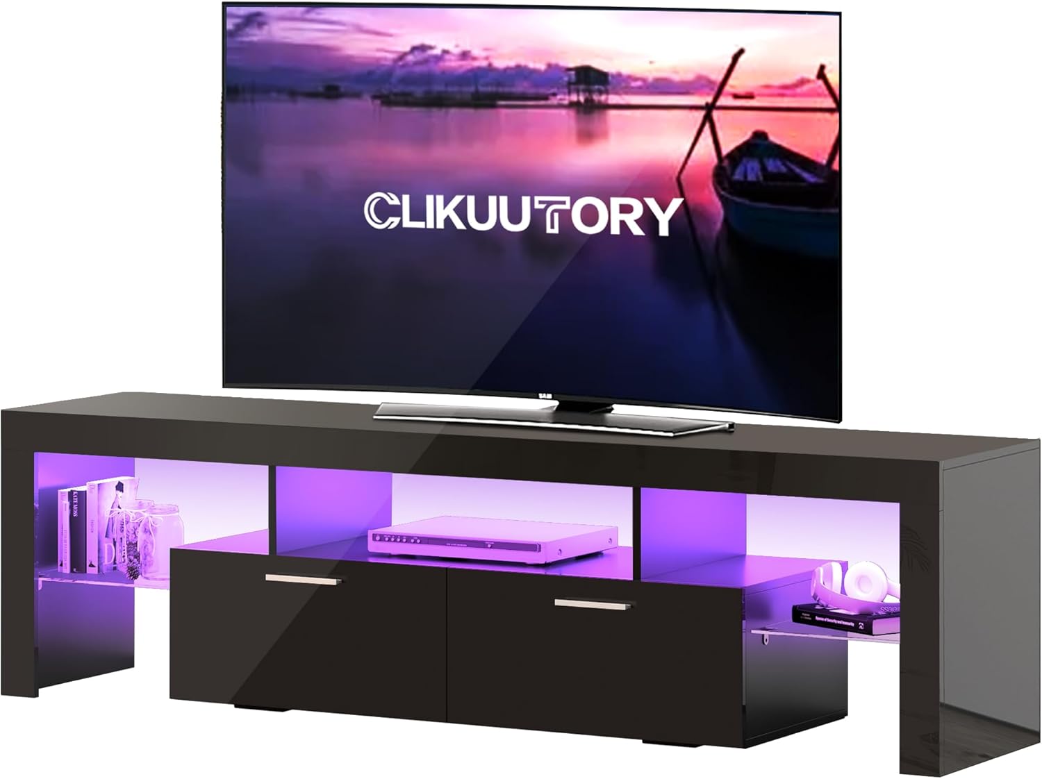 Clikuutory Modern LED 63 inch Long TV Stand with Large Storage Drawer for 50 55 60 65 70 75 Inch TVs, Black Wood TV Console with High Glossy Entertainment Center for Living Room, Bedroom, Black - Grand Goldman