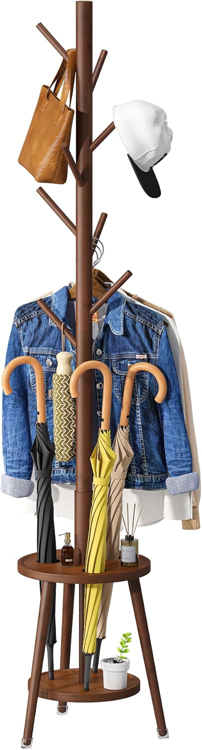 Coat Rack, Bamboo Wood Coat Freestanding with Umbrella Holder, Adjustable Height Coat Stand with 8 Hooks, kids coat rack, Used In The Bedroom Living Room, Office To Hang Clothes, Hats, Bags (Black) - Grand Goldman