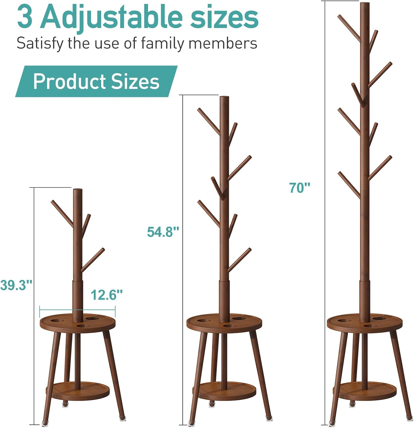 Coat Rack, Bamboo Wood Coat Freestanding with Umbrella Holder, Adjustable Height Coat Stand with 8 Hooks, kids coat rack, Used In The Bedroom Living Room, Office To Hang Clothes, Hats, Bags (Black) - Grand Goldman